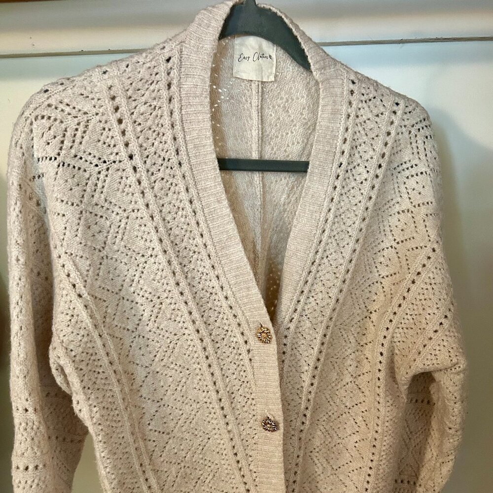 Easy Clothes Knit Cardigan with Floral Buttons, Size L, Cream